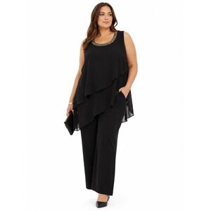 Dressbarn Black Chiffon Tiered Blouse Beaded Scoop Neck Event Plus Size 2X NEW
